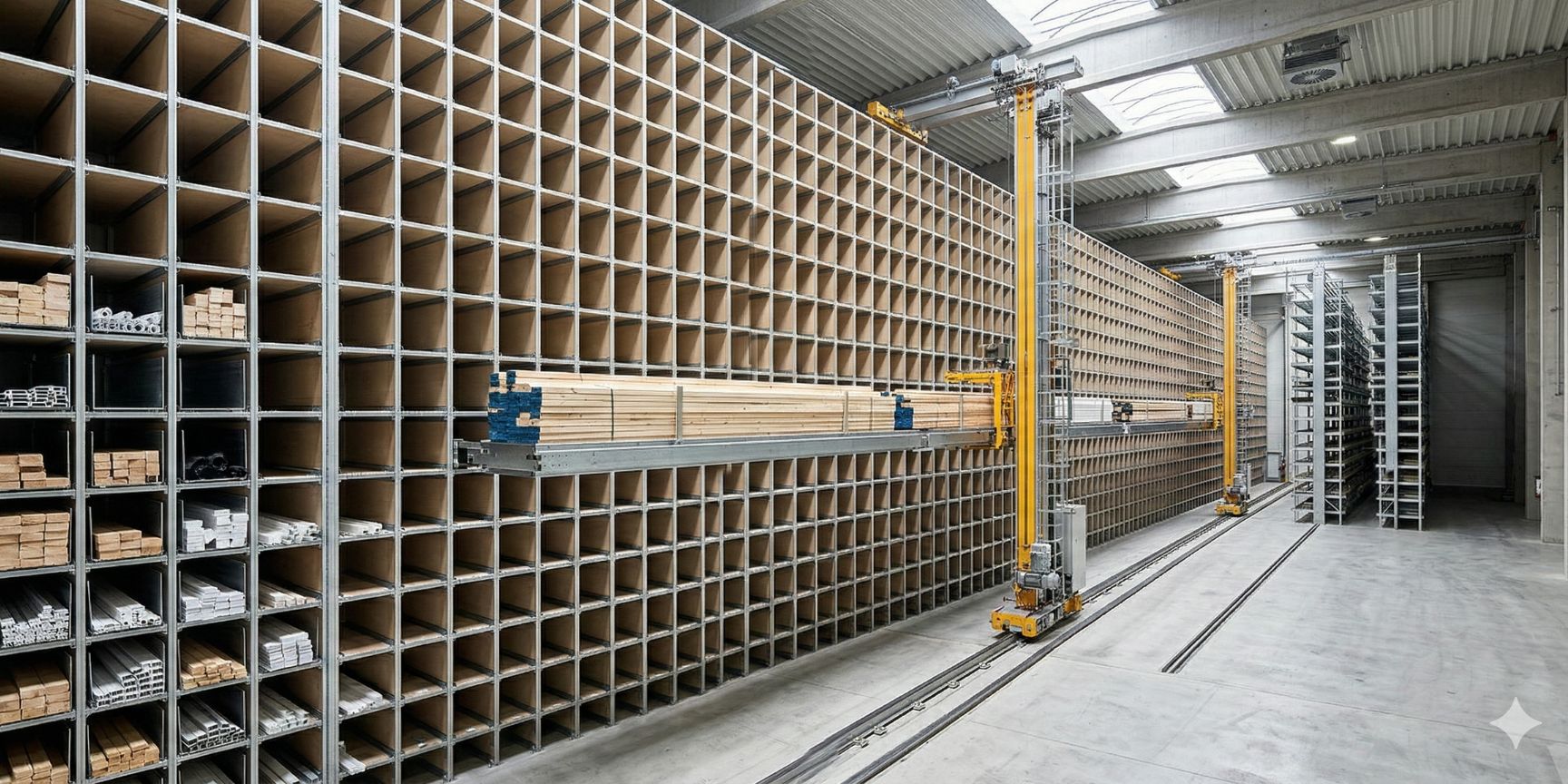 Automatisiertes Wabenlagersystem für Langgut in einer Lagerhalle, mit einem Regalbediengerät und tiefen Kassetten, die Holzplatten und Profile enthalten.